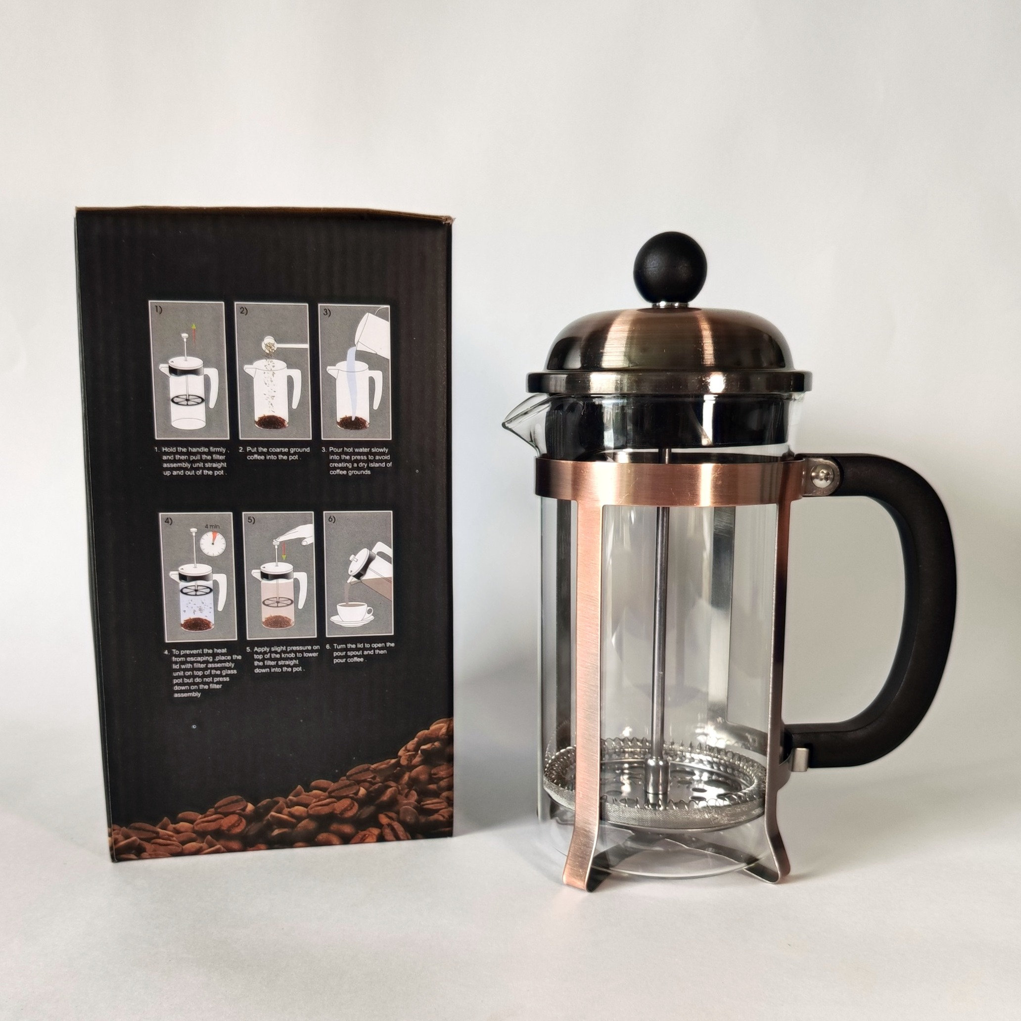Media libra de café+ Prensa Francesa Cobre 350 ml + mug de peltre |  AlborozoCafe.com