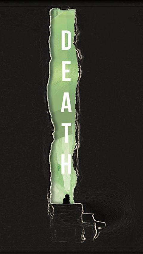 Torn paper cover revealing the word Death down the front of a hidden book cover.
