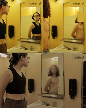 two unedited photos above one edited photo that combines the first two using a mirror to reflect a different subject