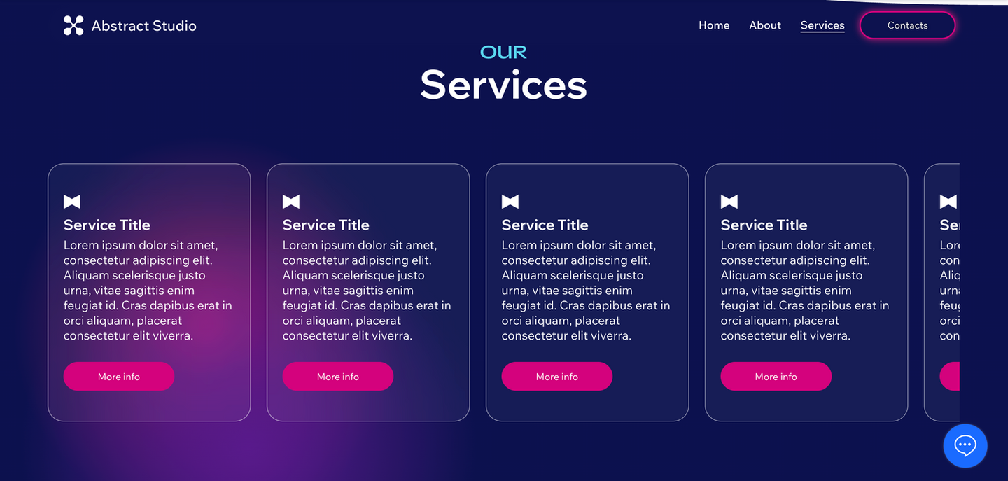 Servicios de nuestro sitio web con texto, Home, More info, título del servicio WiMARDO