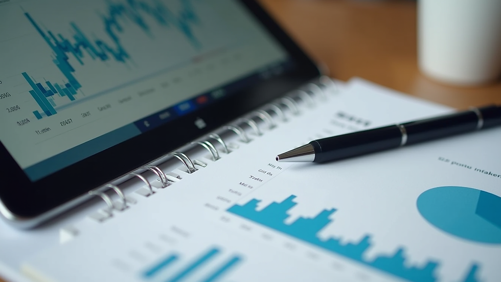 Close-up view of a notebook and pen next to a tablet showing financial charts