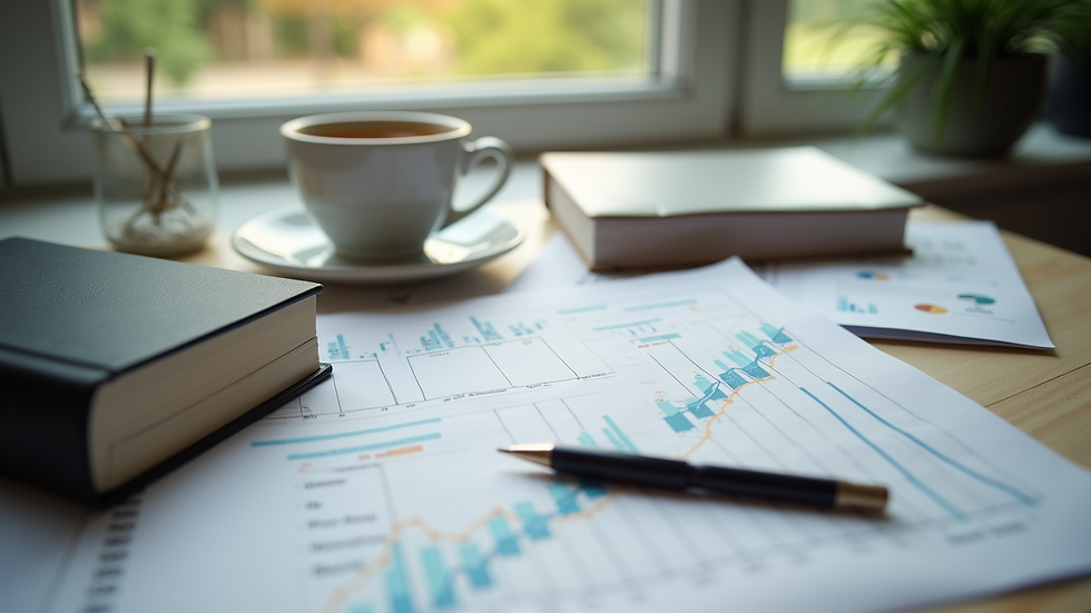 High angle view of a desk with financial planning books and a cup of coffee