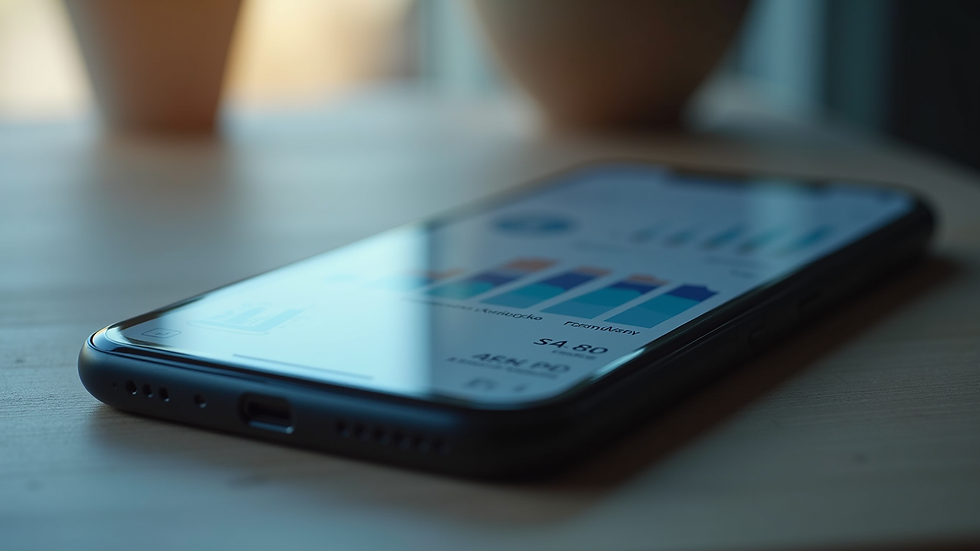 Close-up view of a smartphone showing a financial app dashboard