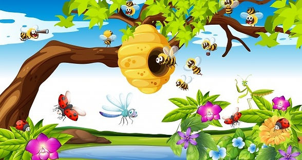 abejas-volando-alrededor-arbol-ilustraci