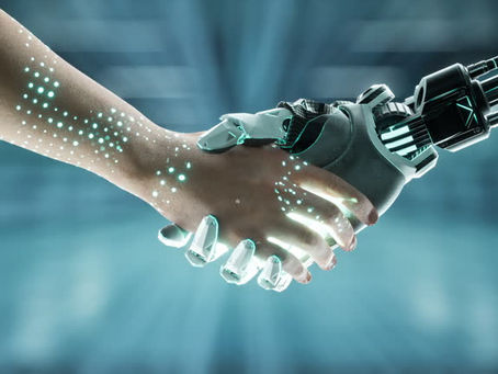 A human hand handshaking a robot form AI hand