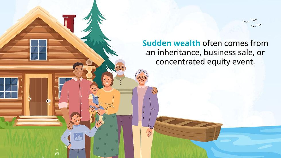 Sudden wealth often comes from an inheritance, business sale, or concentrated equity event.