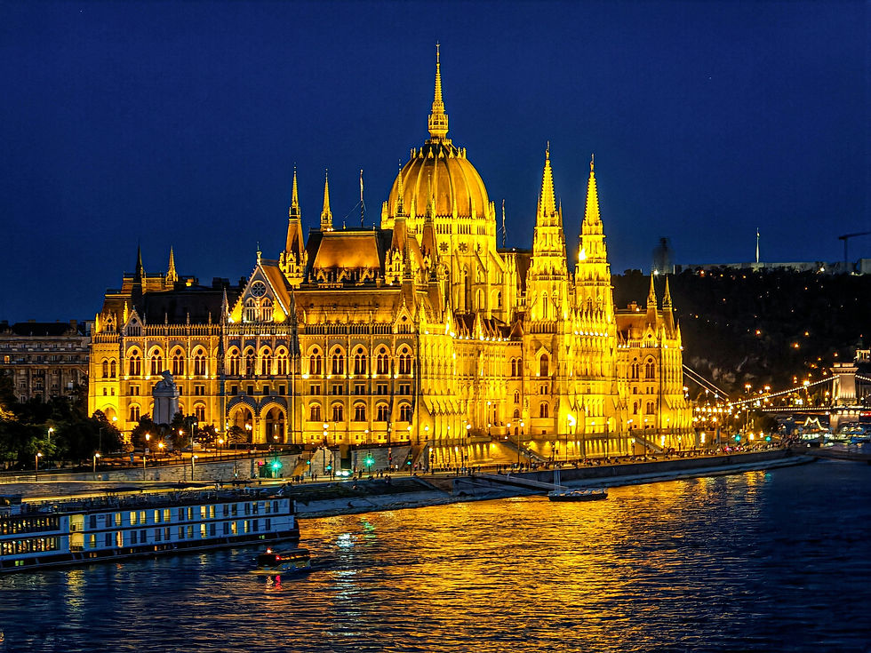 Wide angle view of the Danube River with the Hungarian Parliament building