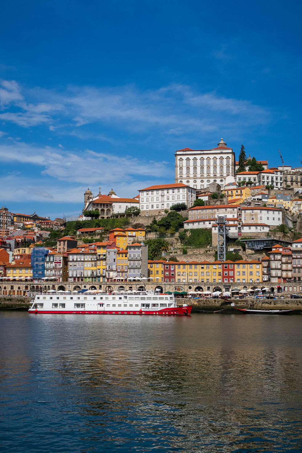 High angle view of colorful buildings along the Douro River in Porto