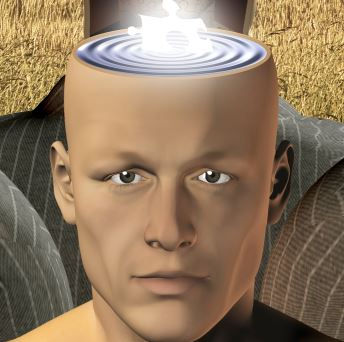 An image of a stylized human head with a grill and shining puzzle piece in the top part that cannot get past the grill illustrates the prejudices, mental lethargy, and ignorance that keep people from learning and growing.