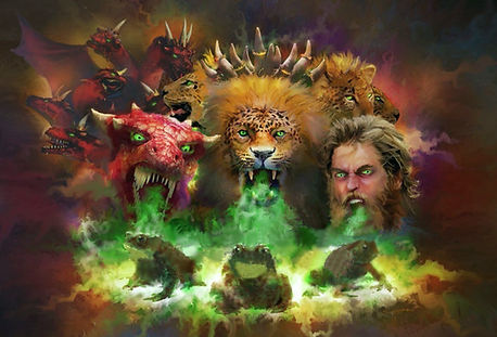A painting in vibrant colors of a lion, beast, and false prophet from whose mouths three unclean spirits like frogs emerge.