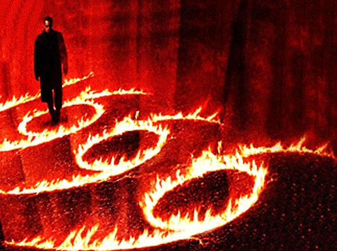 Image of a black robed man walking across the numbers 666 in fire on a red and black background, illustration for the Commenatary on the number 666 of the Second Beast of Revelation by Dewayne Shappley.