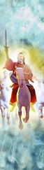 A small, vertical image of Jesus Christ returning triumphantly on a white horse to end Armageddon.