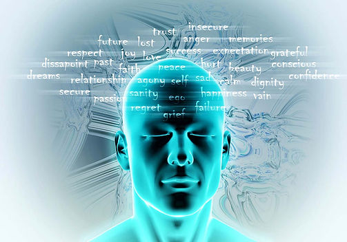 Holographic image of a man's head, eyes closed, and key words and pharses across his mind, illustration for: A lot of fear in Faceoffs with Bad Thoughts.