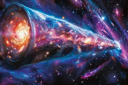 An artistic creation of a long scroll filled with galaxies, stars, etc., extending across a vast segment of space where other galaxies are seen, all in brilliant hues of blues, reds, etc.