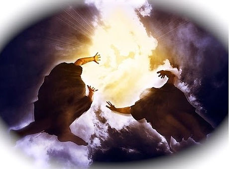 This image of a woman and an man, back view, with arms and hands extended before them, as if in overpowering astonishment and fear, behold the sudden, astounding ascension of the resurrected representatives of the Two Witnesses.