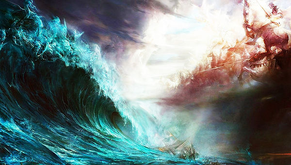 An artistic painting of a giant blue-green wave with an army of evil-looking beings coming on its crest, and, on the opposite, the Armies of Heaven coming down against them in the Battle of Armageddon.