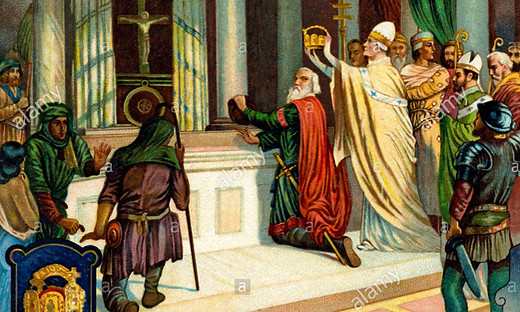 In this painting, Charlemagne, kneeling, turns his head as if surprised by Pope Leo's action of coming from behind him to crown him "Emperor of the Romans," In this painting, Charlemagne, kneeling, turns his head as if surprised by Pope Leo's action of coming from behind him to crown him "Emperor of the Romans."