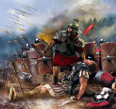 This vivid, realistic battle scene painting of Roman soldiers at war illustrates the Commentary on The First Beast of Revelation and How and When His Mortal Wound Was Healed.