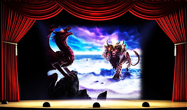 Photograph of an elegant theater stage with deep crimson curtains open and in the middle of the scenario the First Beast of Revelation 13 emerges from the sea, approaching the Great Red Dragon on the beach, an image for a study on the healing of the mortal wound that the First Beast received.