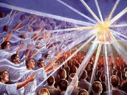 Painting of a multitude of souls before a judgment seat in Heaven from which emanates strong rays of white light, is an illustration for the article True justice only after death.