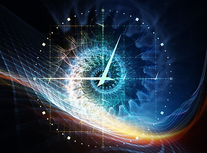 An artistic creation featuring a massive, transparent, spiral-shaped clock resting upon a nebulous wave of white, red, and blue within the depths of space.
