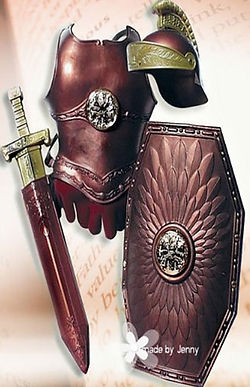 A realistic representation of the body armor and sword of a Roman soldier with applications to the spiritual armor of Christians.