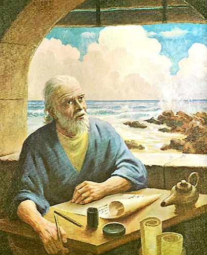 The elderly apostle John on the island of Patmos records the prophecies and visions of Revelation in 95 CE.