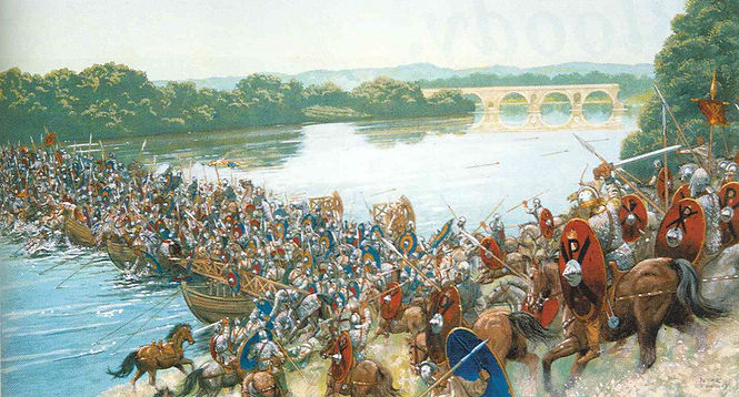 A painting of the battle at the Milvian Bridge, triumphing Constantine i, an illustration for the study on Bust of the Roman emperor Constantine the Great, “Savior” of the Roman Empire.