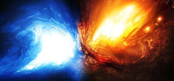 An abstract image of a very intense blue-white light with frayed edges impacted by a monstrous metaphysical red, orange, and lemon-yellow beastly mass in representation of the apocalyptic Armageddon.