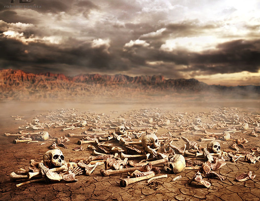 A painting of the dry bones of human beings scattered across a wide valley before a mountain range with lowering clouds above, for an analysis of the vision of the Dry Bones.