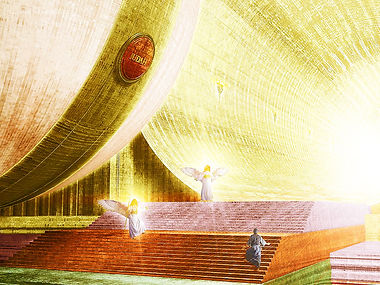 An artistic rendering of one of the 12 huge pearl gates to the Heavenly Jerusalem standing open to admit a purified, perfected human soul that ascends two levels of very wide steps where two angels stand welcoming highly honored new occupant.