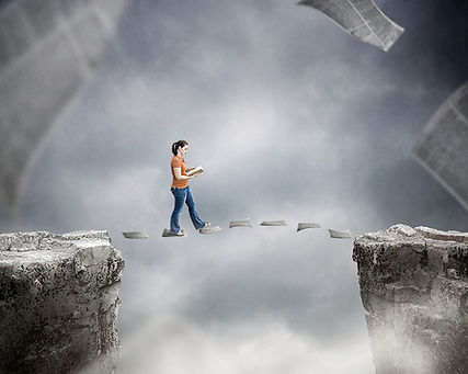 In this image, a young woman walks across an abyss on sheefs of paper or books, illustration for: A lot of fear in Faceoffs with Bad Thoughts.