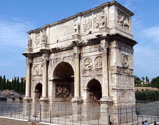 A photograph of the triumphal arch of Constantine standing in Rome today, illustration for the study on Bust of the Roman emperor Constantine the Great, “Savior” of the Roman Empire.