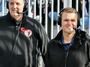 Stephen Stamp and Spencer Tanguay broadcasting from the 2024 Baggataway Cup
