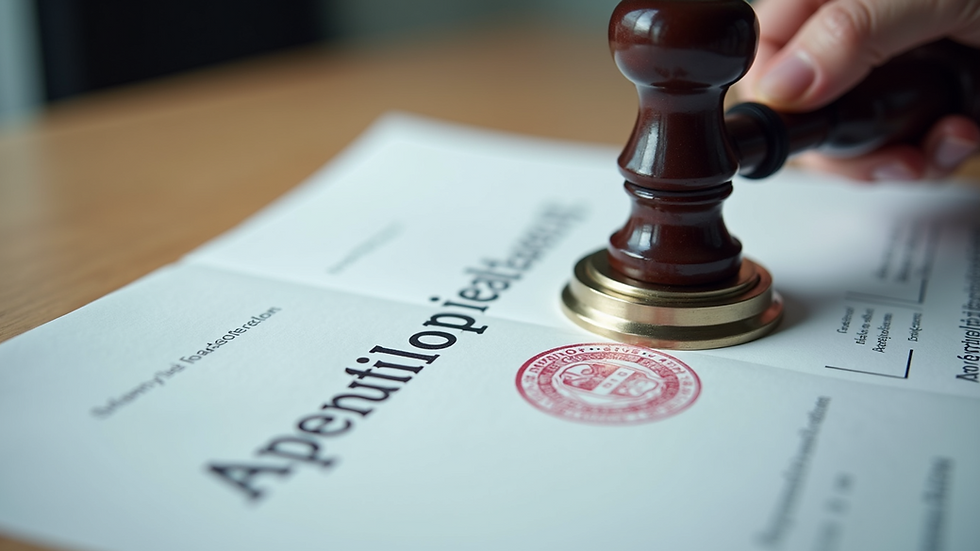 Close-up view of a document being stamped with an apostille