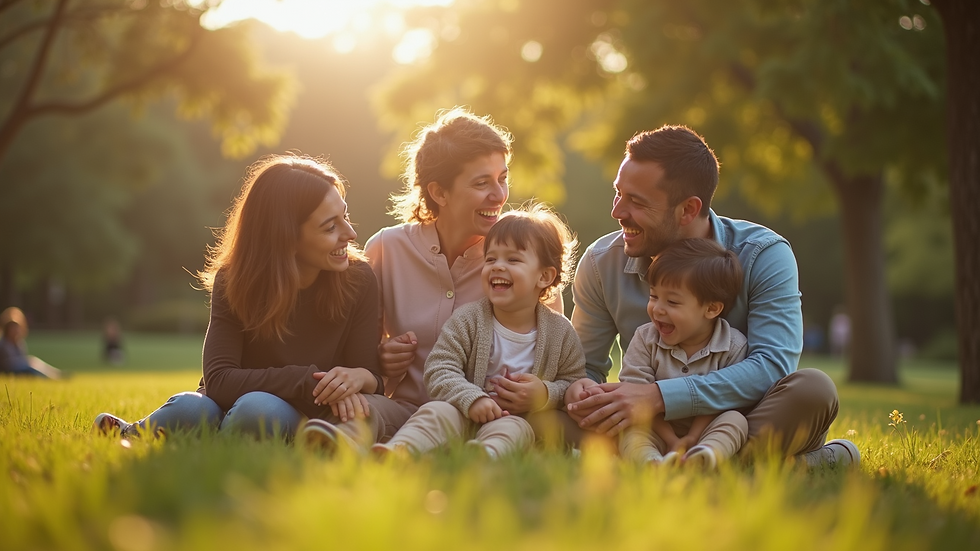 Eye-level view of a family laughing together in a park