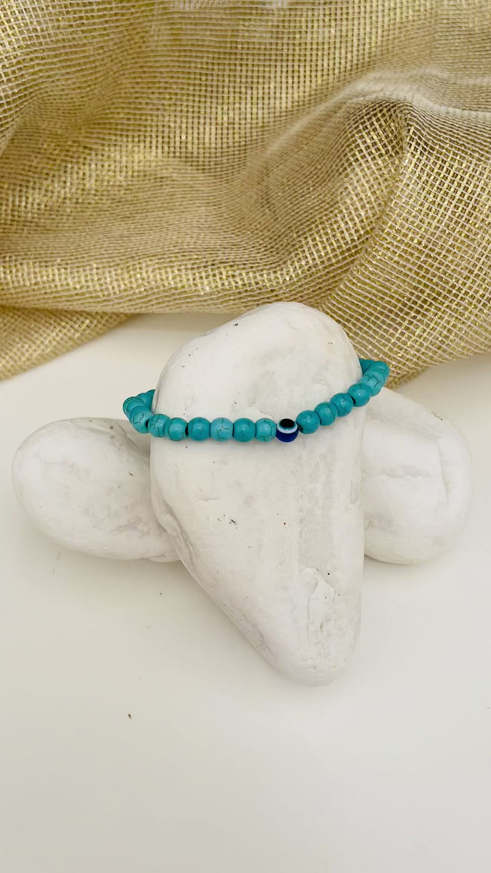 Küçük resim: Turkuaz Taşı Boncuklu Nazar Gözlü El Yapımı Lastikli Bileklik & Halhal