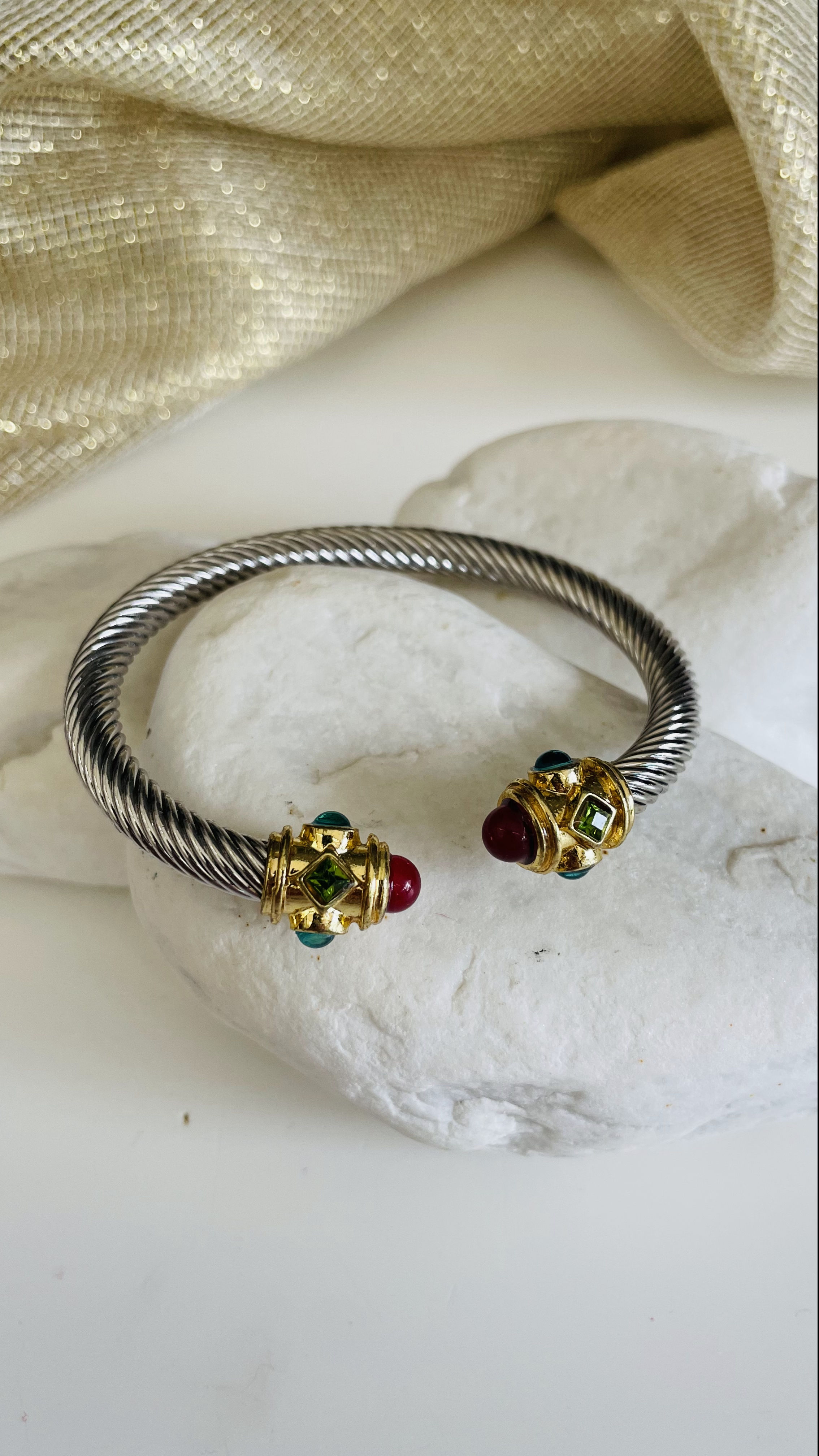 Etnik Tarz Halat Kırmızı Renkli Taş Top Başlı 316L Çelik Gümüş Renk Bileklik