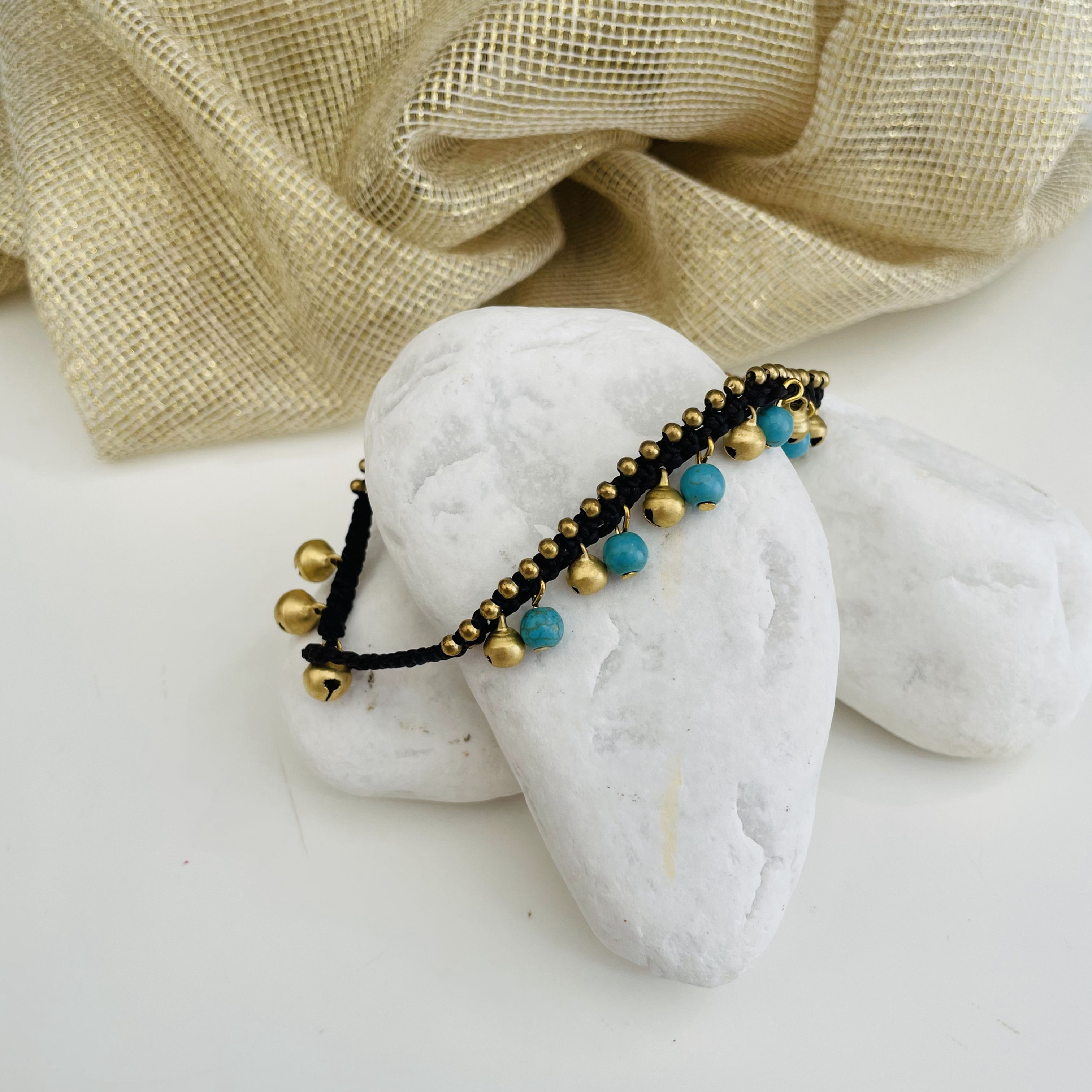 Vintage Bohem Turkuaz Doğal Taşlı Bakır Boncuklu Zilli El Yapımı Halhal