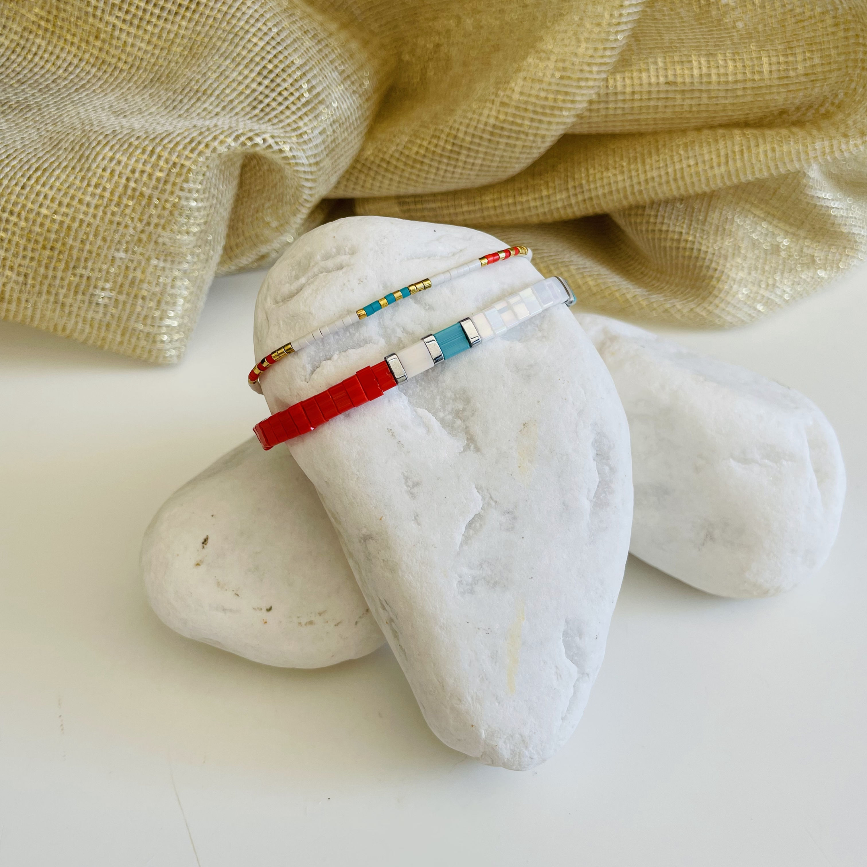 Tila Orange Turkuaz Cam Boncuk Gold Çelik Bebe Boncuk 2li Kombin Bileklik