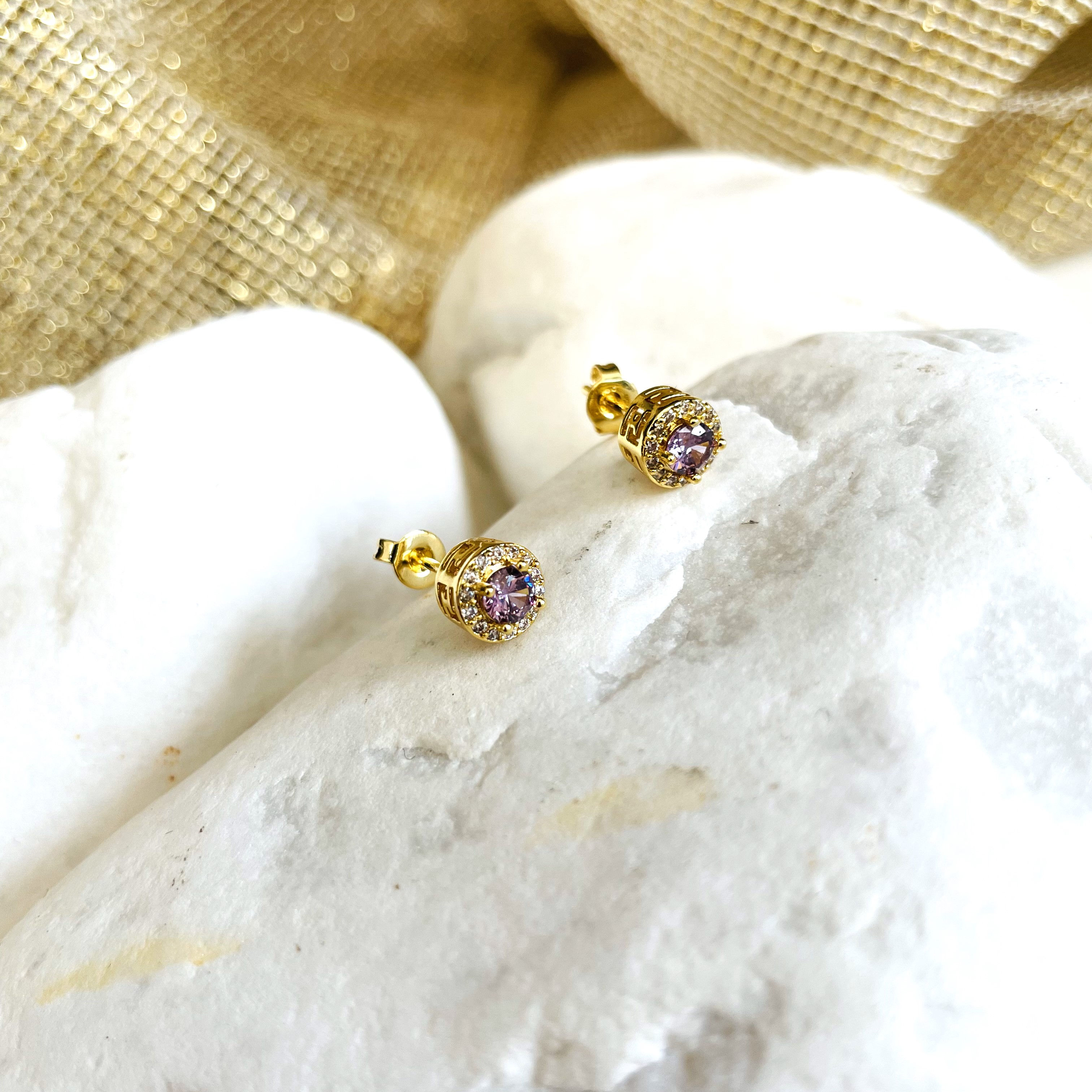 Vintage Tarz Minimalist Zarif Mor Taşlı Gold Renk Rodyum Kaplama Bijuteri Küpe