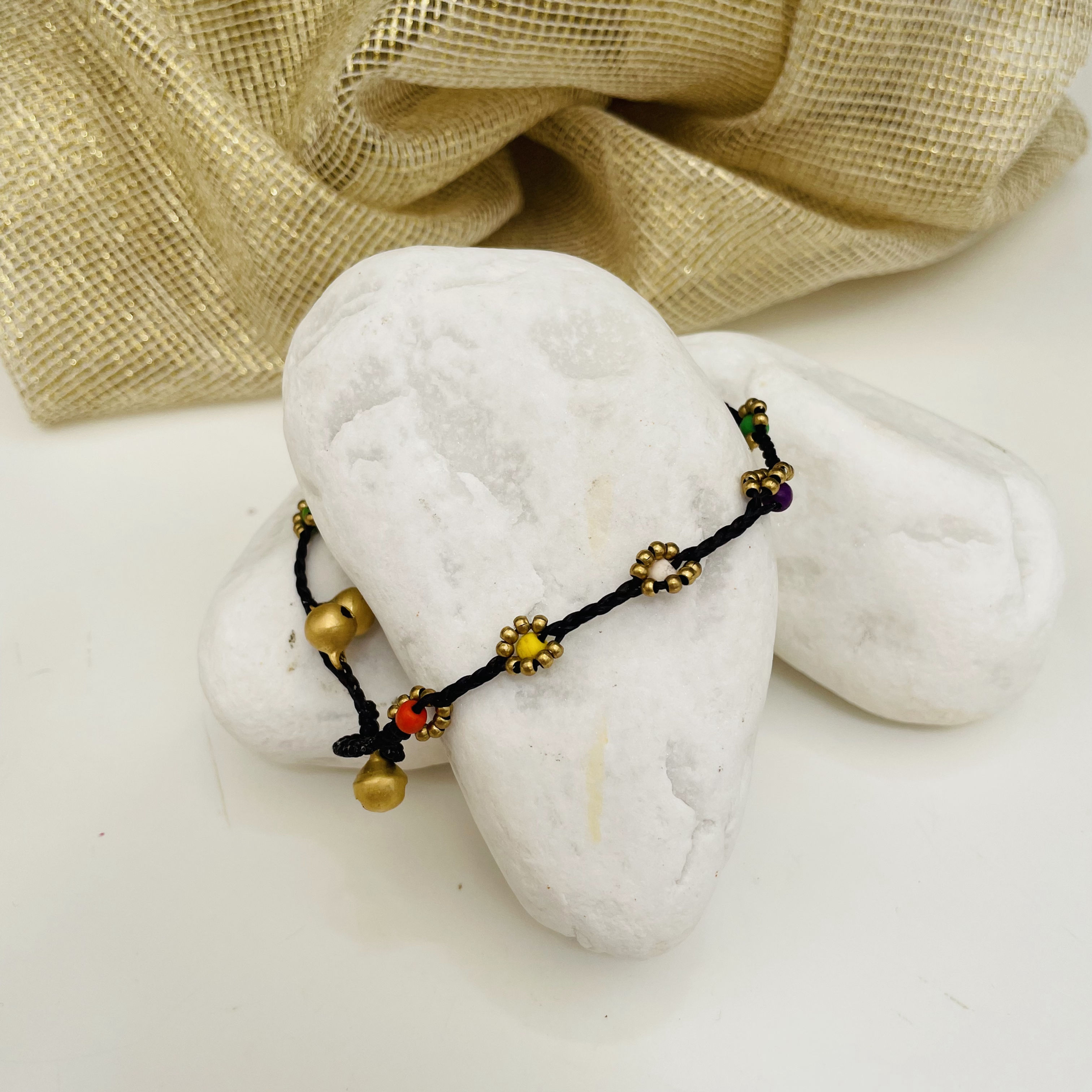 Vintage Bohem Renkli Doğal Taşlı Bakır Boncuklu Papatyalı Zilli El Yapımı Halhal