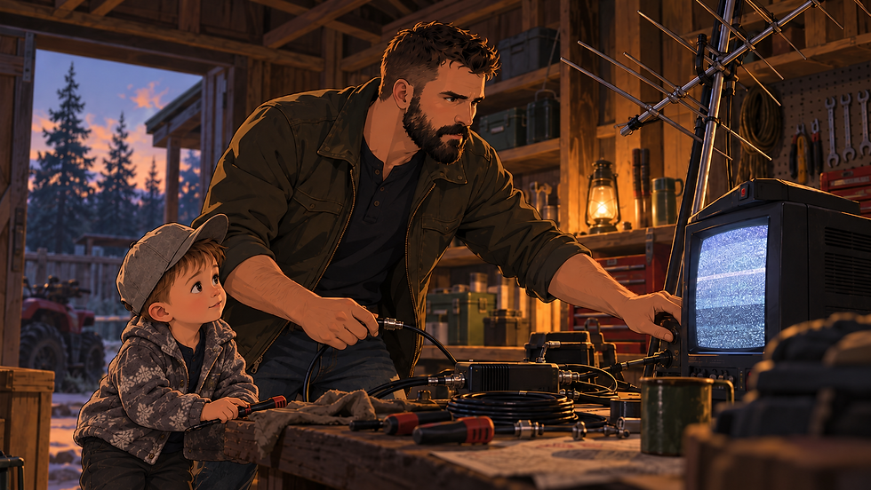 Man and young boy repair a TV in a rustic workshop at dusk, with tools, antenna, and snowy woods outside.