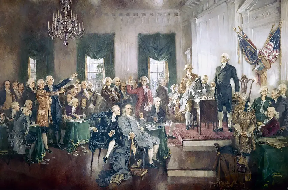 Painting of the U.S. Constitutional Convention, with delegates in a grand hall raising hands and debating under a chandelier.