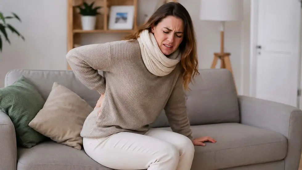 Mulher com dor crônica nas costas ao se levantar do sofá no frio