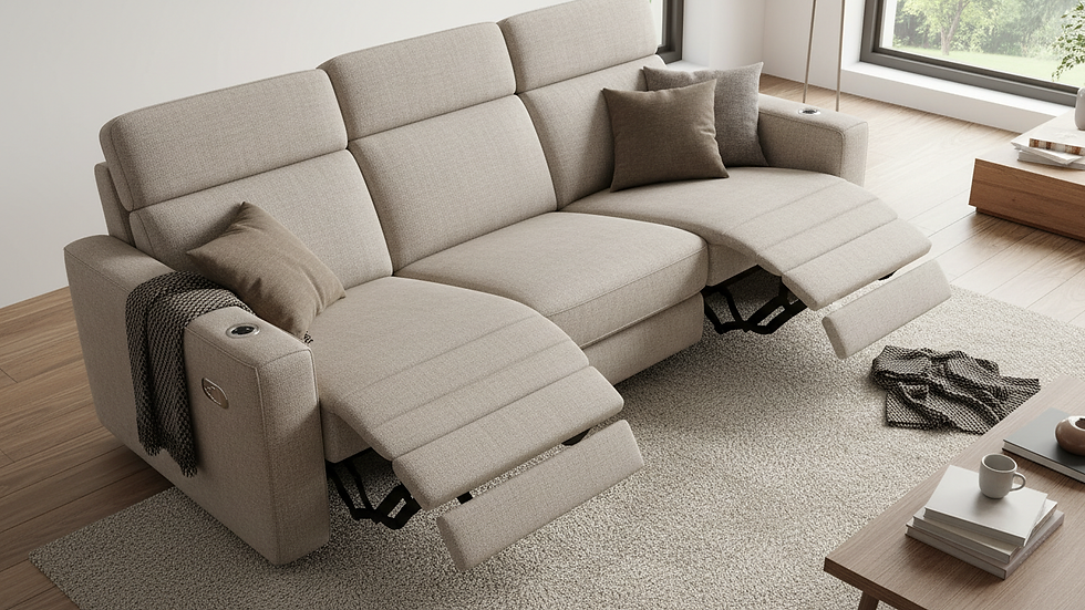 Vue en plongée d’un canapé électrique en tissu beige avec repose-pieds relevé