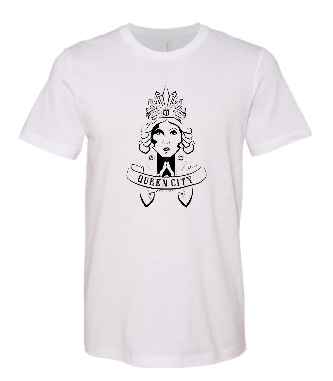 upper peninsula apparel with marquette mi Queen City design on the front of the fresh white tee.