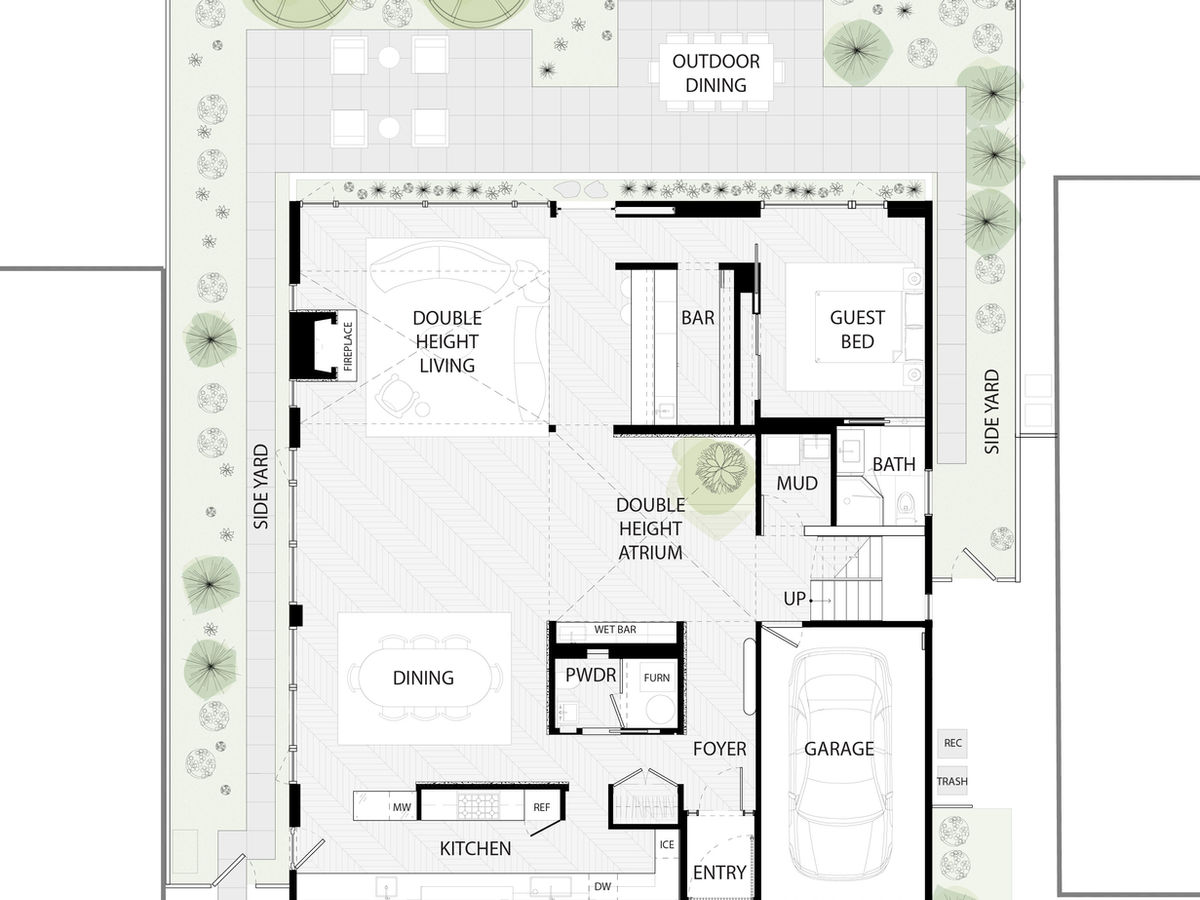 Blueprint of home with 2 story atrium by dSPACE Studio.
