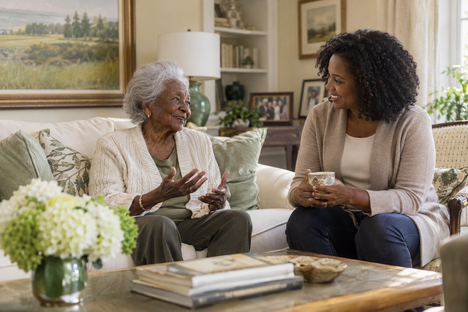 An older Black woman in meaningful conversation with an adult woman
