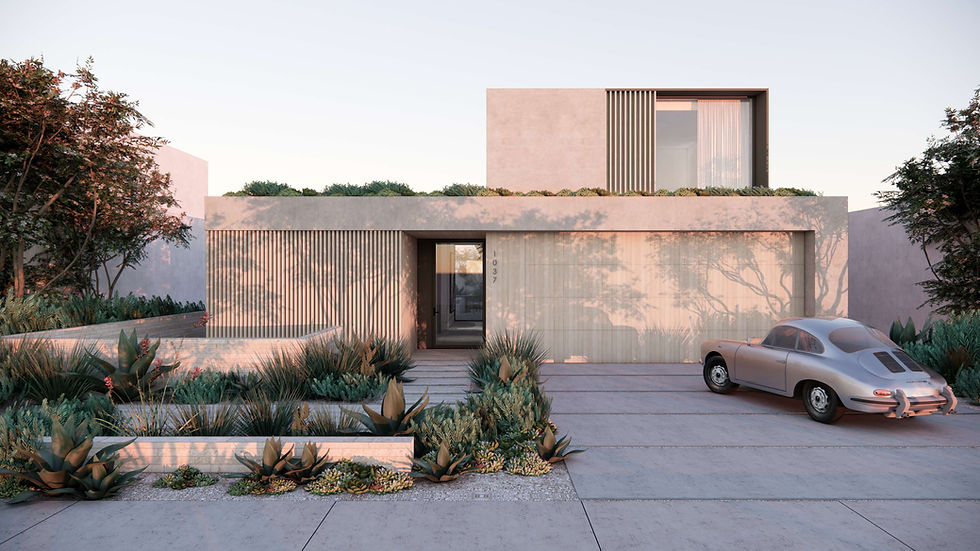 A modern fire-resilient home with a concrete and stucco façade, deep overhangs, vertical louvers, and drought-tolerant, low-growing landscaping.